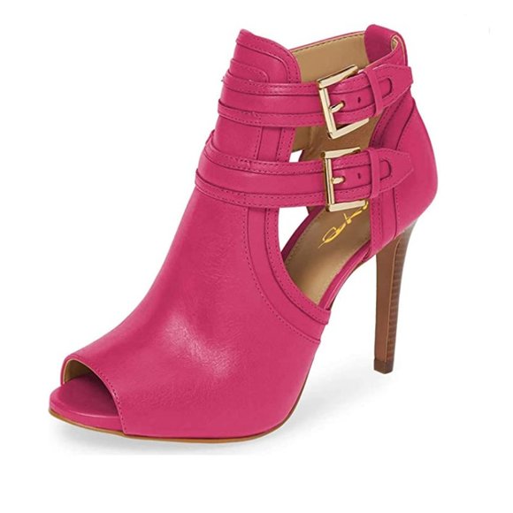 Shoes - XYD Fuchsia Peep Toe High Heels Buckled Double Straps Cutout Ankle Bootie